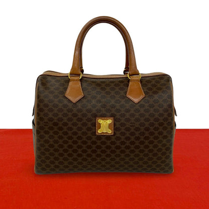 Celine Vintage Macadam Pattern Triomphe Logo Leather Boston Bag Brown
