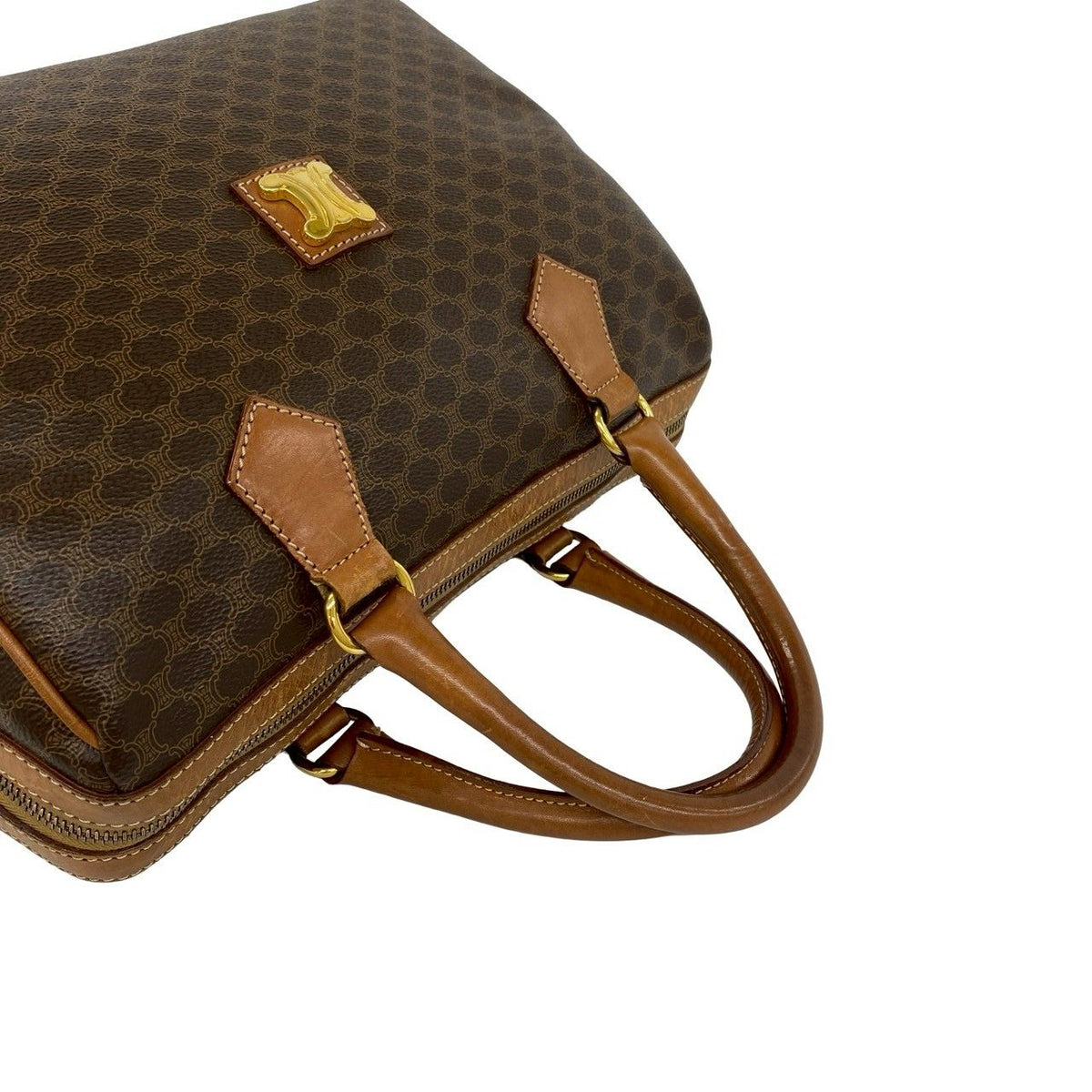 Celine Vintage Macadam Pattern Triomphe Logo Leather Boston Bag Brown — view 4
