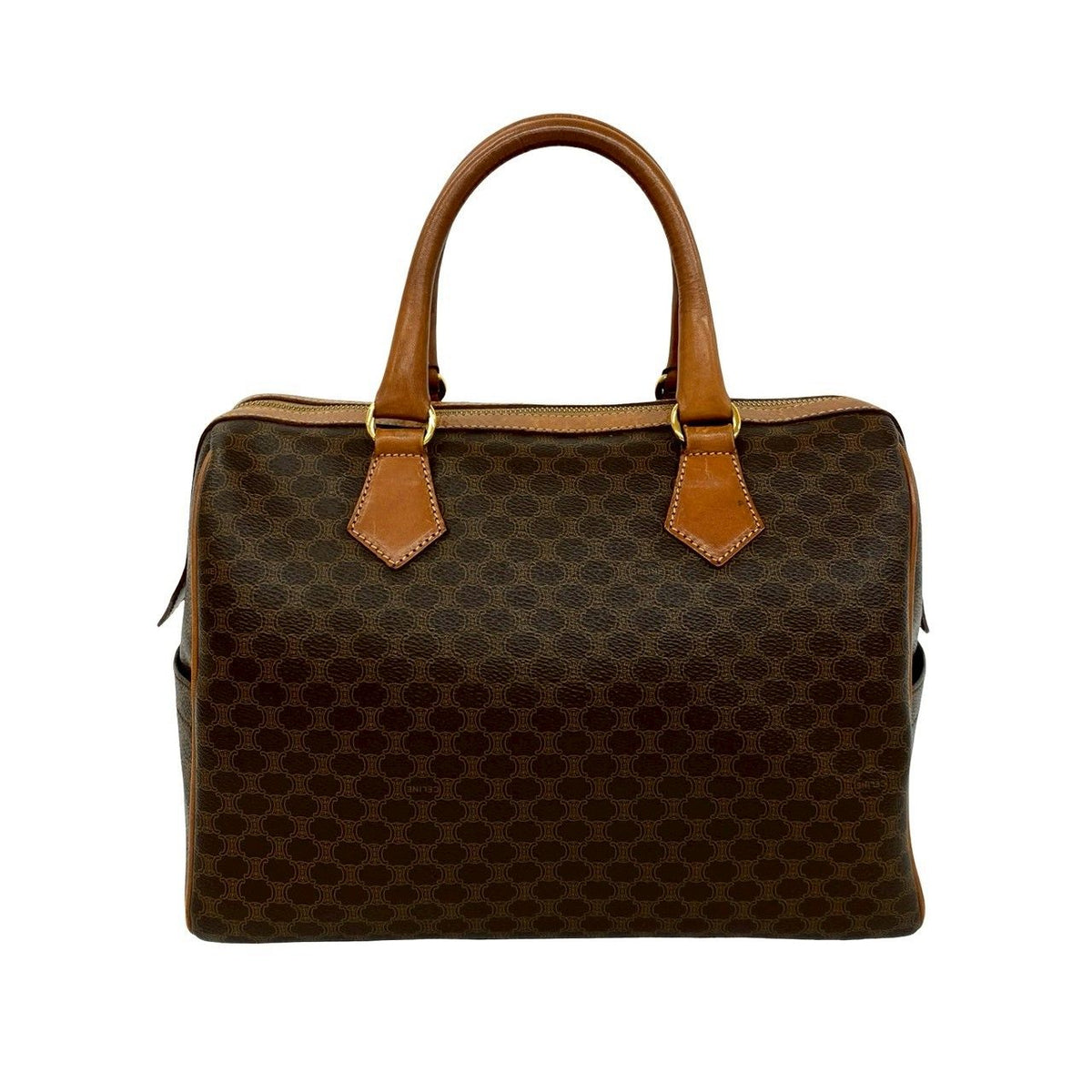 Celine Vintage Macadam Pattern Triomphe Logo Leather Boston Bag Brown — view 3