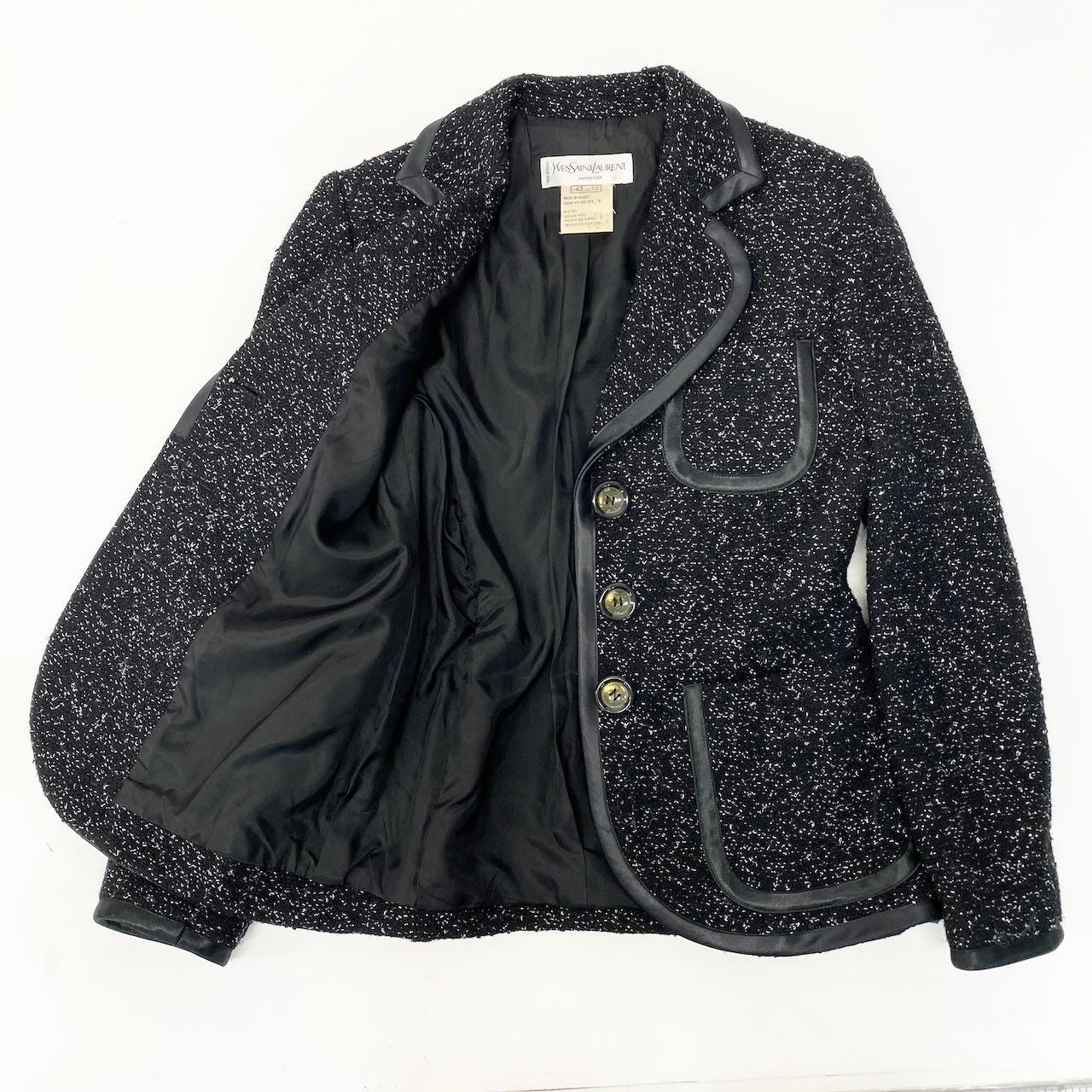 Saint Laurent Tweed Tailored Jacket Lame Knit Leather Piping Blend France 42 — view 3