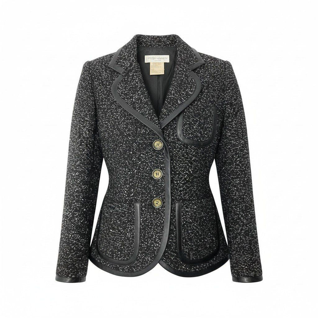 Saint Laurent Tweed Tailored Jacket Lame Knit Leather Piping Blend France 42
