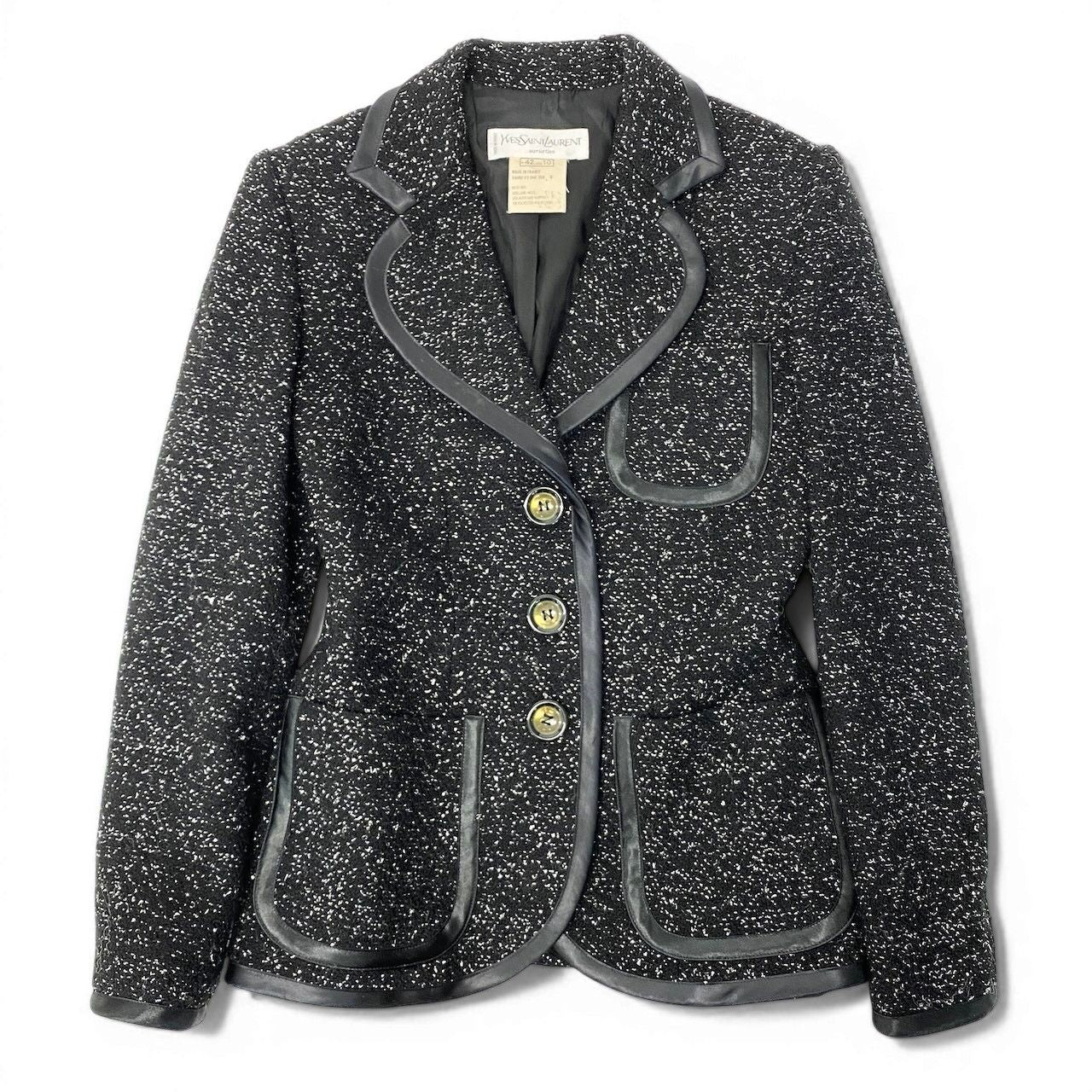 Saint Laurent Tweed Tailored Jacket Lame Knit Leather Piping Blend France 42 — view 2