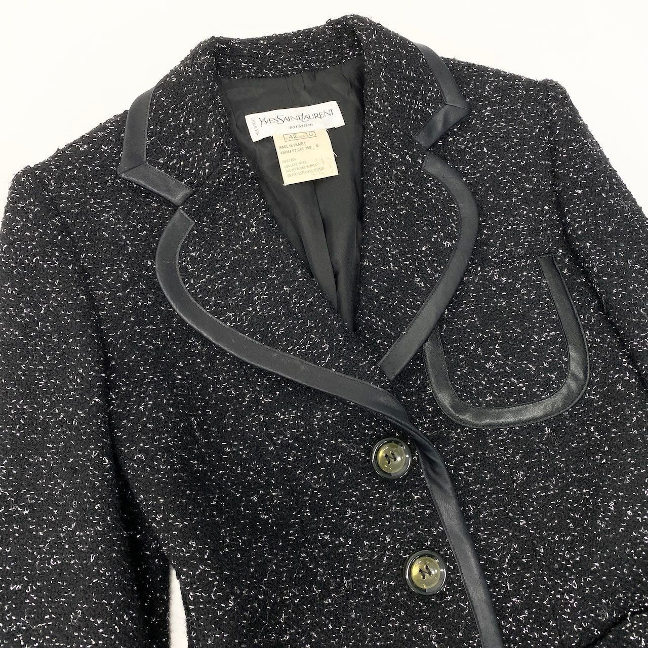 Saint Laurent Tweed Tailored Jacket Lame Knit Leather Piping Blend France 42 — view 5