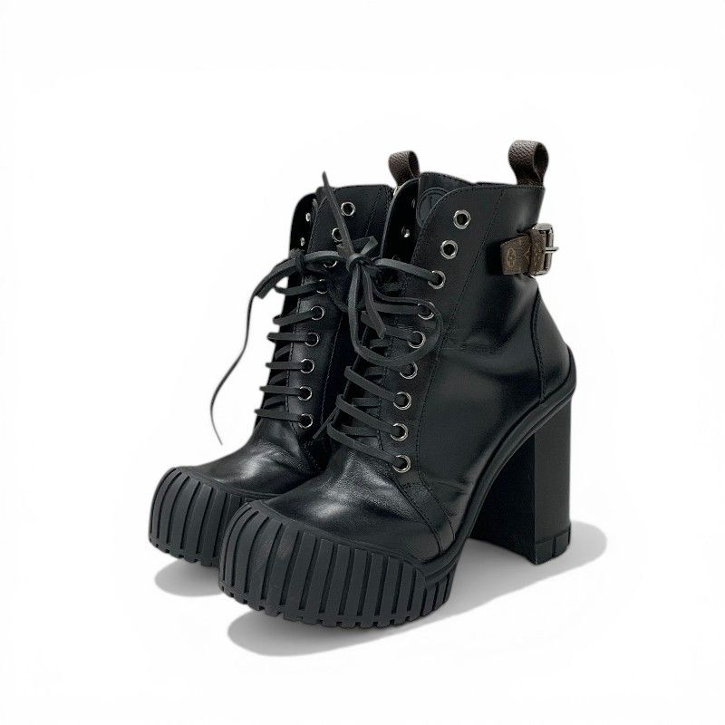 Louis Vuitton Line Monogram Boots Short Shoes Leather Black Brown Logo Belt
