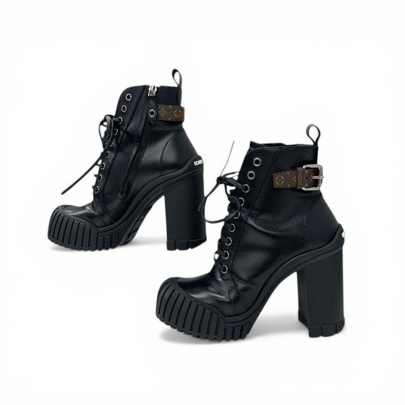 Louis Vuitton Line Monogram Boots Short Shoes Leather Black Brown Logo Belt — view 3