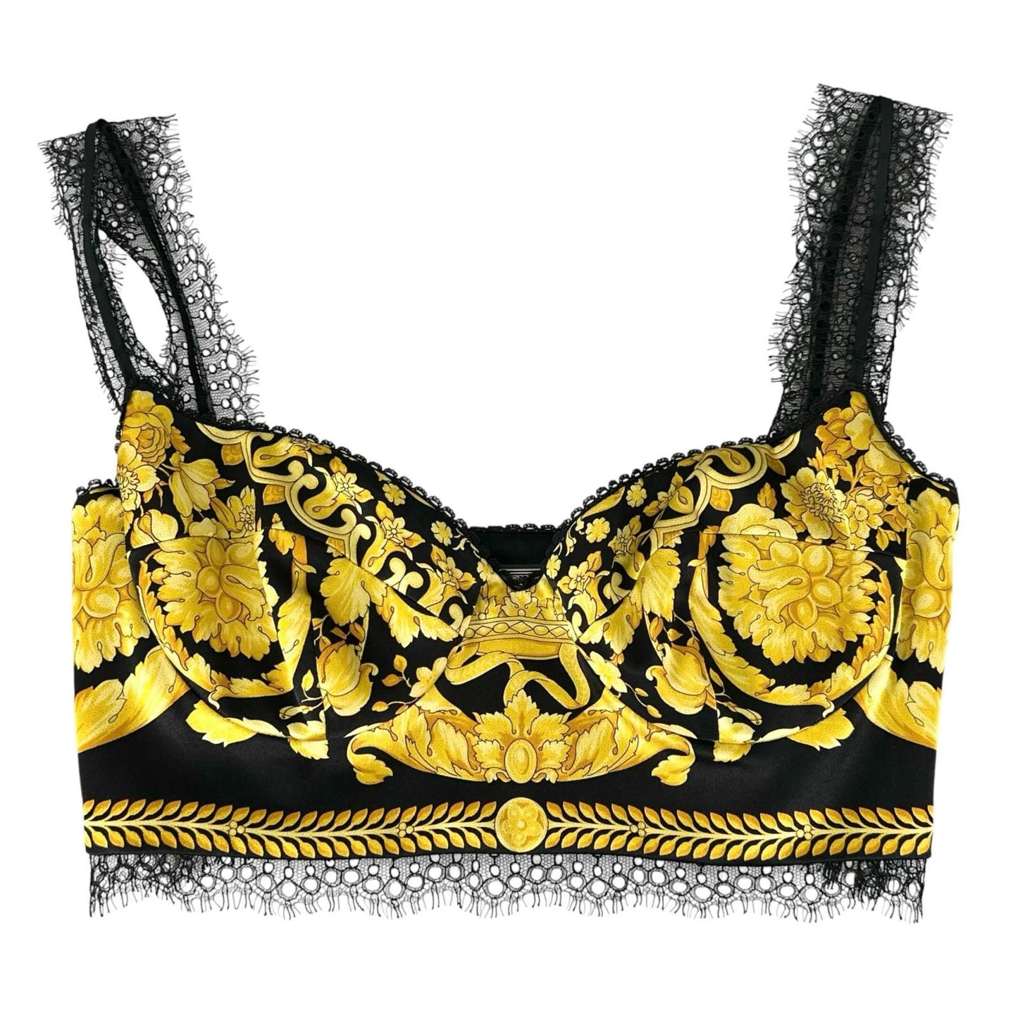 Versace 100% Silk Barocco Pattern Bustier Tube Top Black Yellow 38