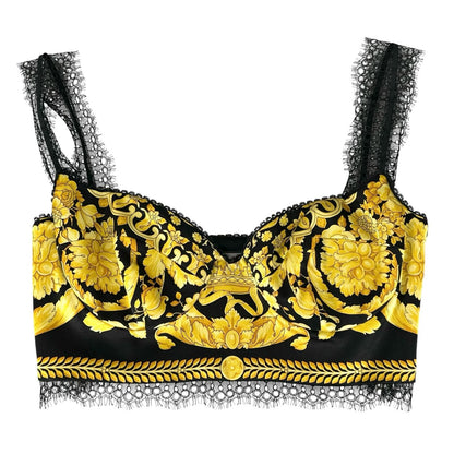 Versace 100% Silk Barocco Pattern Bustier Tube Top Black Yellow 38