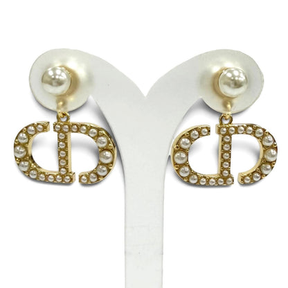 Dior Tribales Earrings CD Crystal Logo Pearl White Gold