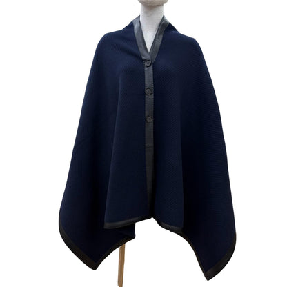 Hermes Wool Cashmere Blend Logo Button Trim Large Poncho Shawl Navy Scarf