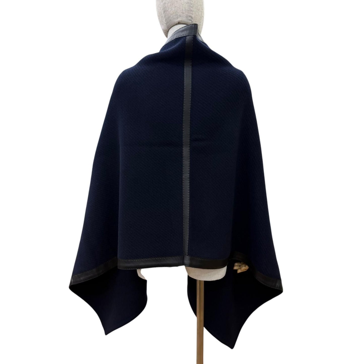 Hermes Wool Cashmere Blend Logo Button Trim Large Poncho Shawl Navy Scarf — view 4