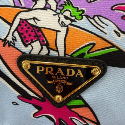 Prada Triangle Logo Surfing All Over Pattern Drawstring Re-Nylon Pouch Blue — view 7
