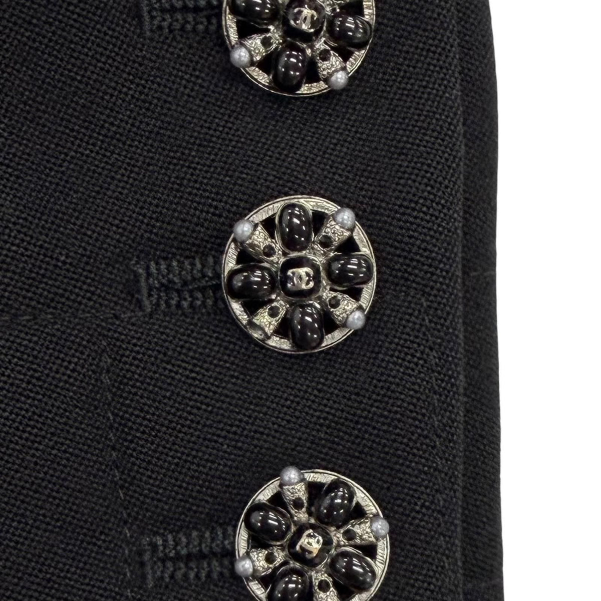 Chanel 06A Vintage CC Logo Black Stone Faux Pearl Long Wool Jacket with Buttons — view 7