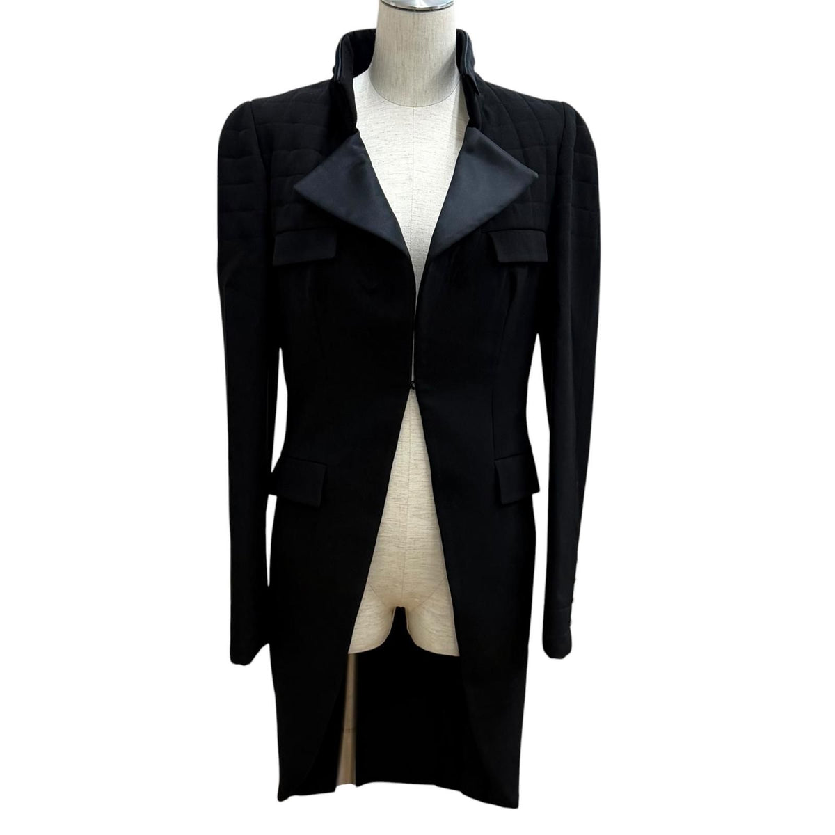 Chanel 06A Vintage CC Logo Black Stone Faux Pearl Long Wool Jacket with Buttons