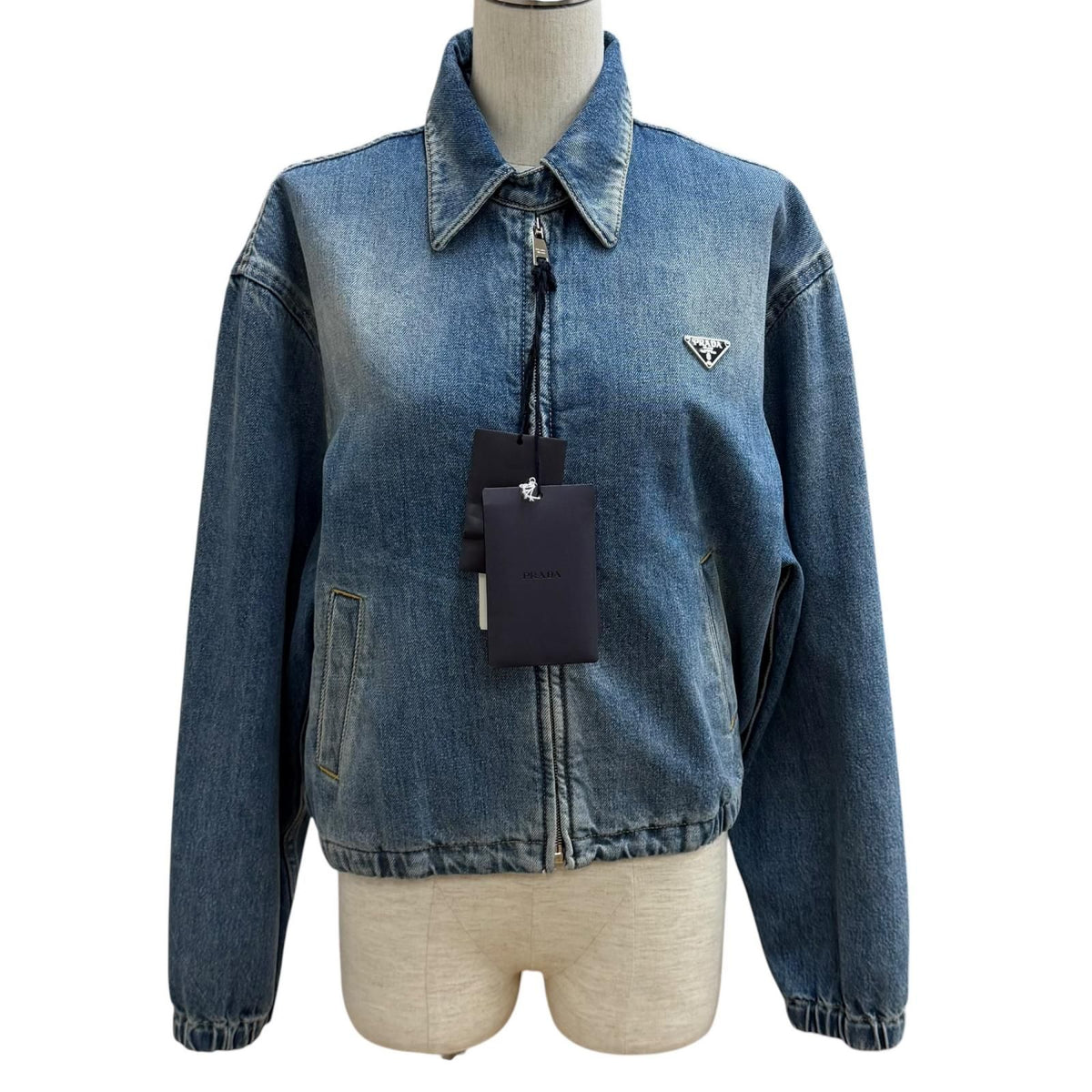 Prada 100% Cotton Triangle Logo Aging Zip UP Denim Jacket Indigo 38