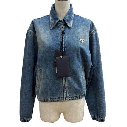 Prada 100% Cotton Triangle Logo Aging Zip UP Denim Jacket Indigo 38
