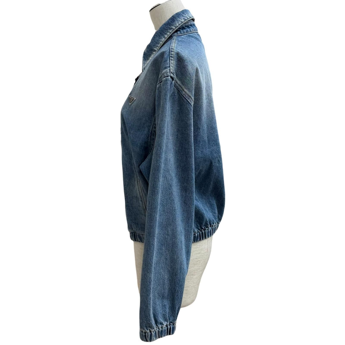 Prada 100% Cotton Triangle Logo Aging Zip UP Denim Jacket Indigo 38 — view 3