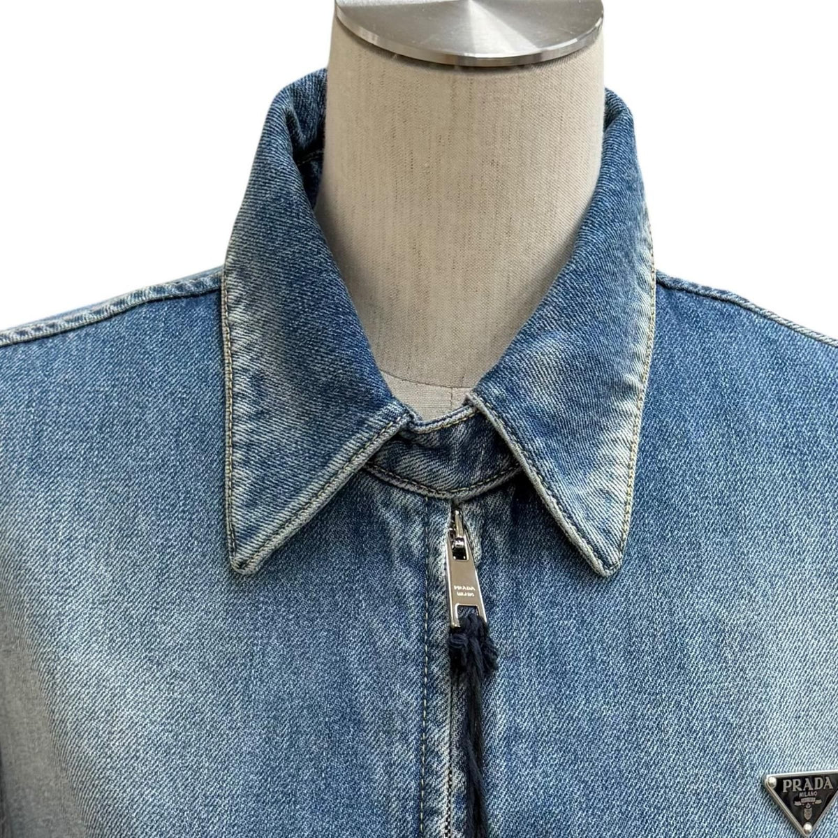 Prada 100% Cotton Triangle Logo Aging Zip UP Denim Jacket Indigo 38 — view 2