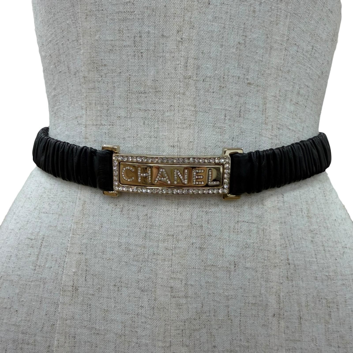 Chanel 23c Logo Buckle Rhinestone Leather Belt Black Gold — view 3