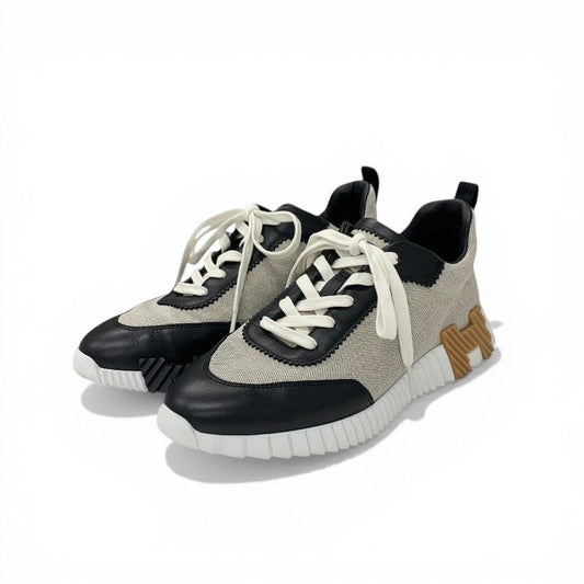 Hermes Bouncing Sneakers Fabric Leather Black Beige White
