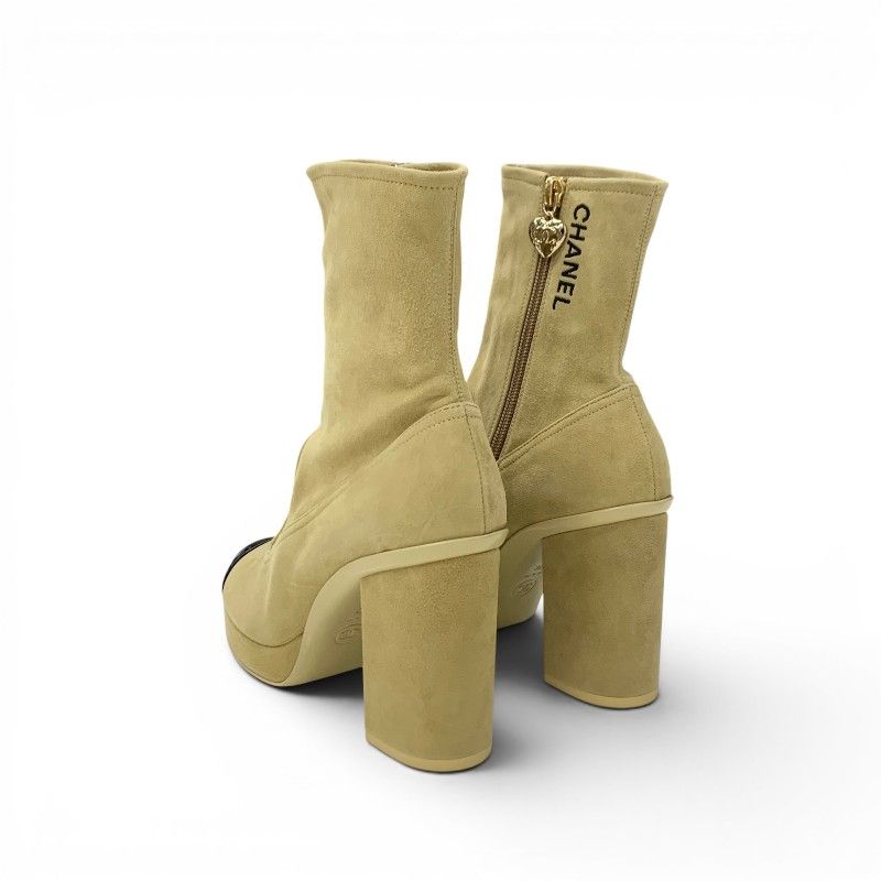 Chanel Boots Short Shoes Suede Patent Beige Black Gold Logo CC Charm Bicolor — view 4