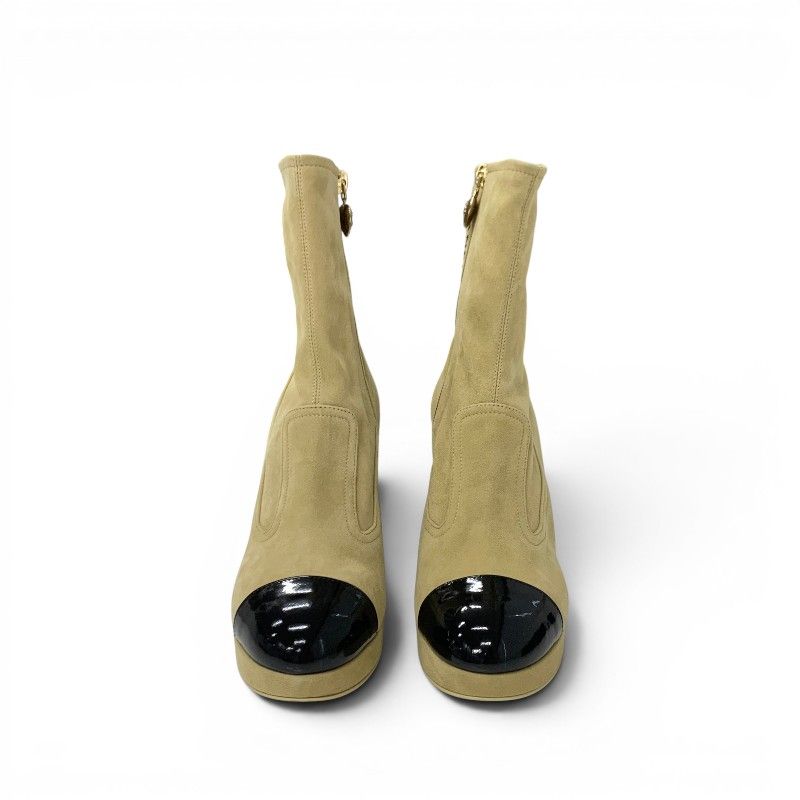 Chanel Boots Short Shoes Suede Patent Beige Black Gold Logo CC Charm Bicolor — view 2