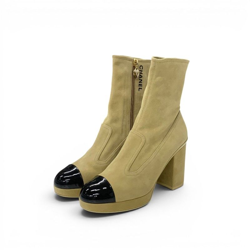 Chanel Boots Short Shoes Suede Patent Beige Black Gold Logo CC Charm Bicolor