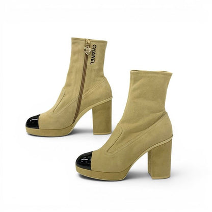 Chanel Boots Short Shoes Suede Patent Beige Black Gold Logo CC Charm Bicolor — view 3