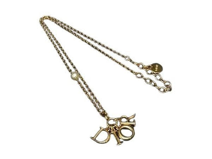 Dior Necklace Swing Logo Gold Metal Faux Pearl
