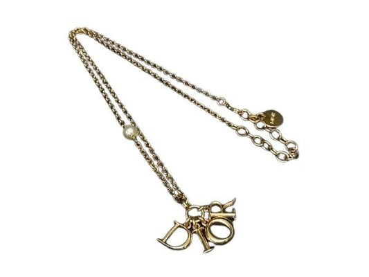 Dior Necklace Swing Logo Gold Metal Faux Pearl