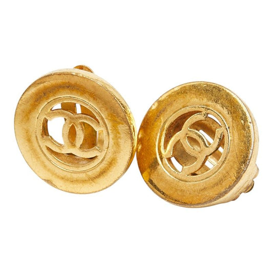 Chanel CC Logo Vintage Round Earrings Gold Plated