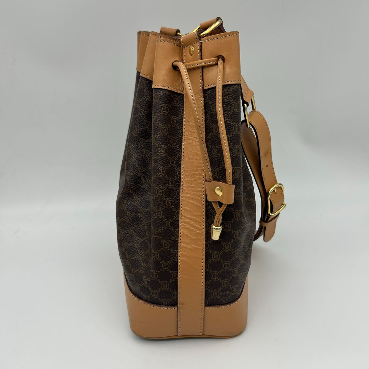 Celine Macadam Shoulder Bag Crossbody Drawstring Leather Brown Gold — view 3