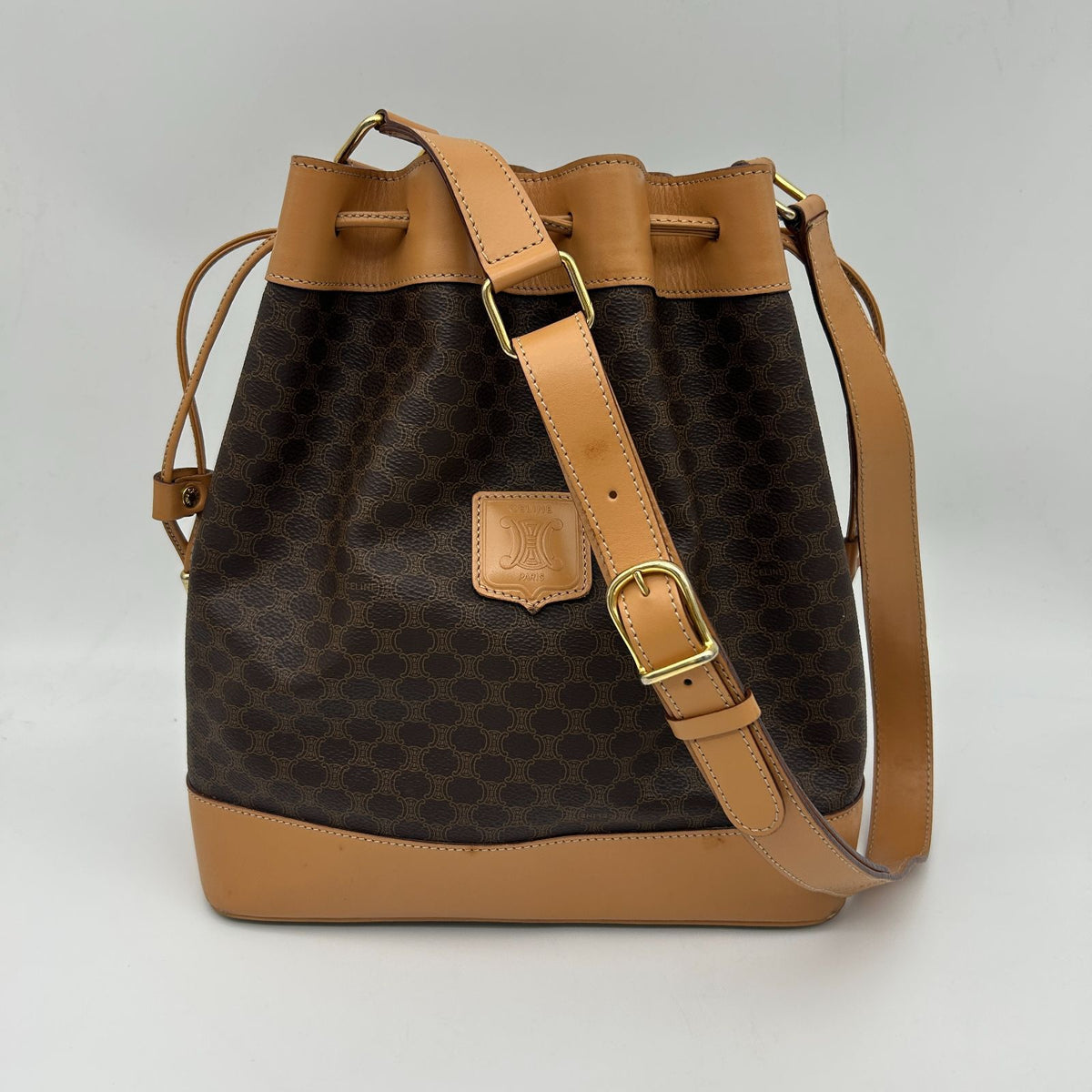 Celine Macadam Shoulder Bag Crossbody Drawstring Leather Brown Gold