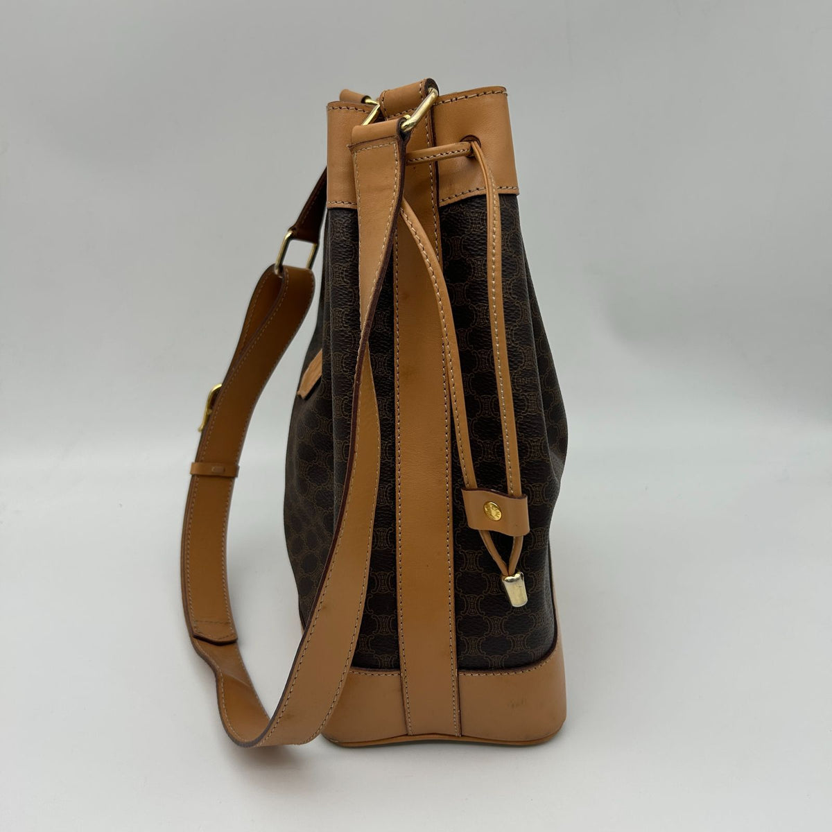 Celine Macadam Shoulder Bag Crossbody Drawstring Leather Brown Gold — view 4