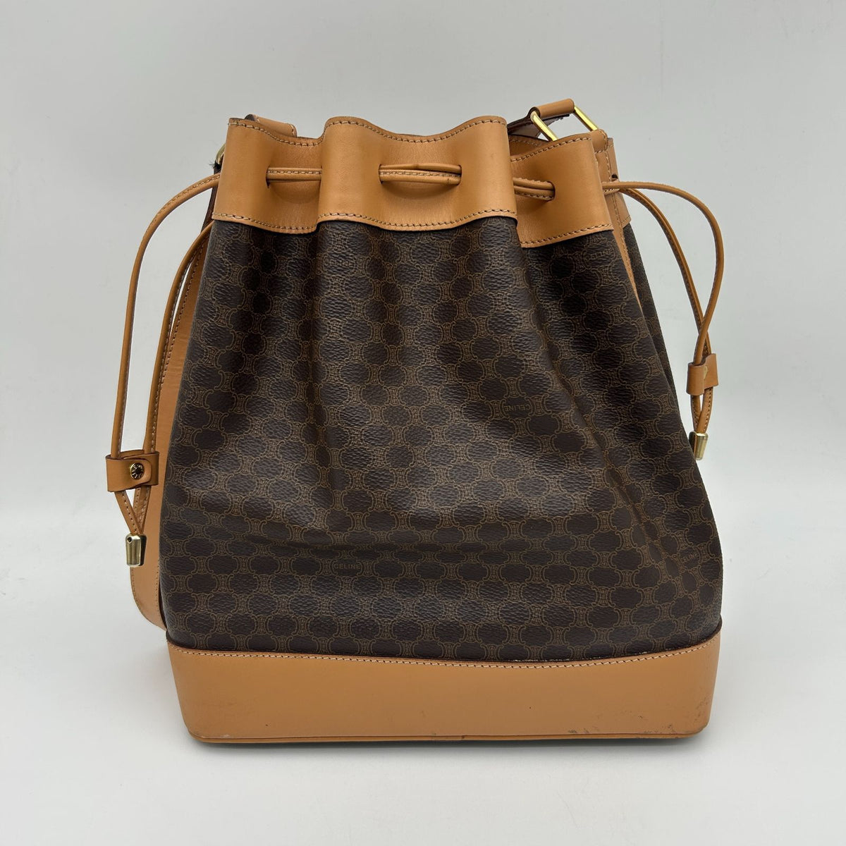 Celine Macadam Shoulder Bag Crossbody Drawstring Leather Brown Gold — view 2