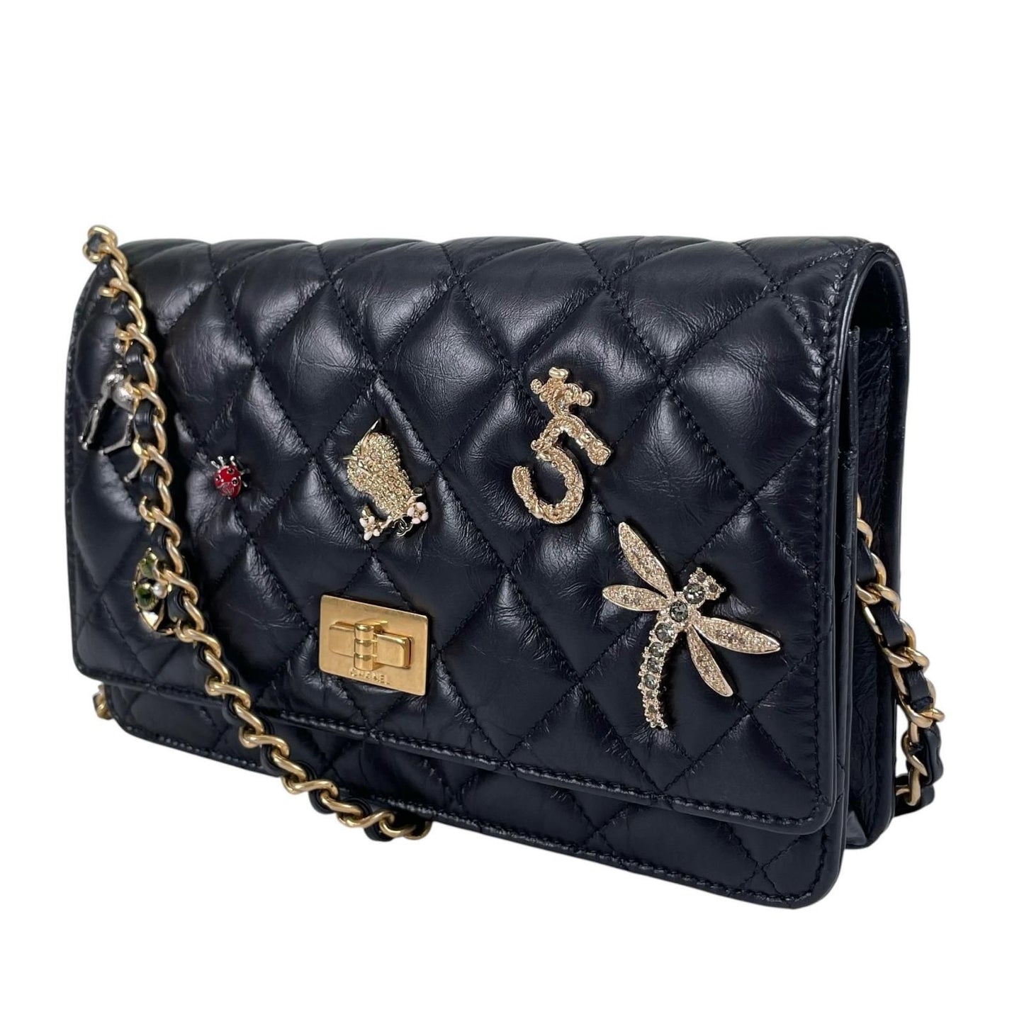 Chanel 2.55 Quilted Icon Charm Embroidery Chain Wallet Shoulder Bag Calfskin — view 2