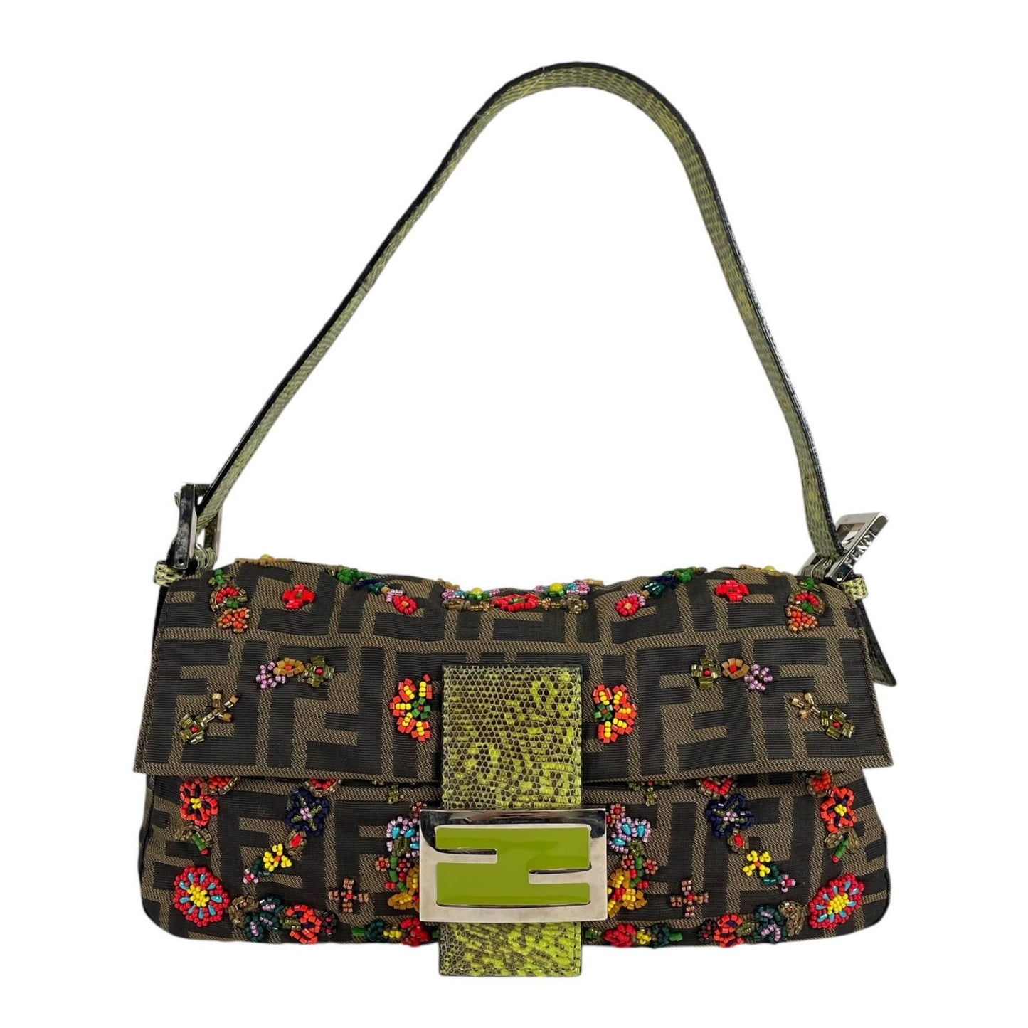 Fendi Mamma Baguette Handbag Nylon Multicolor Zucca Pattern Beads Bijou Exotic