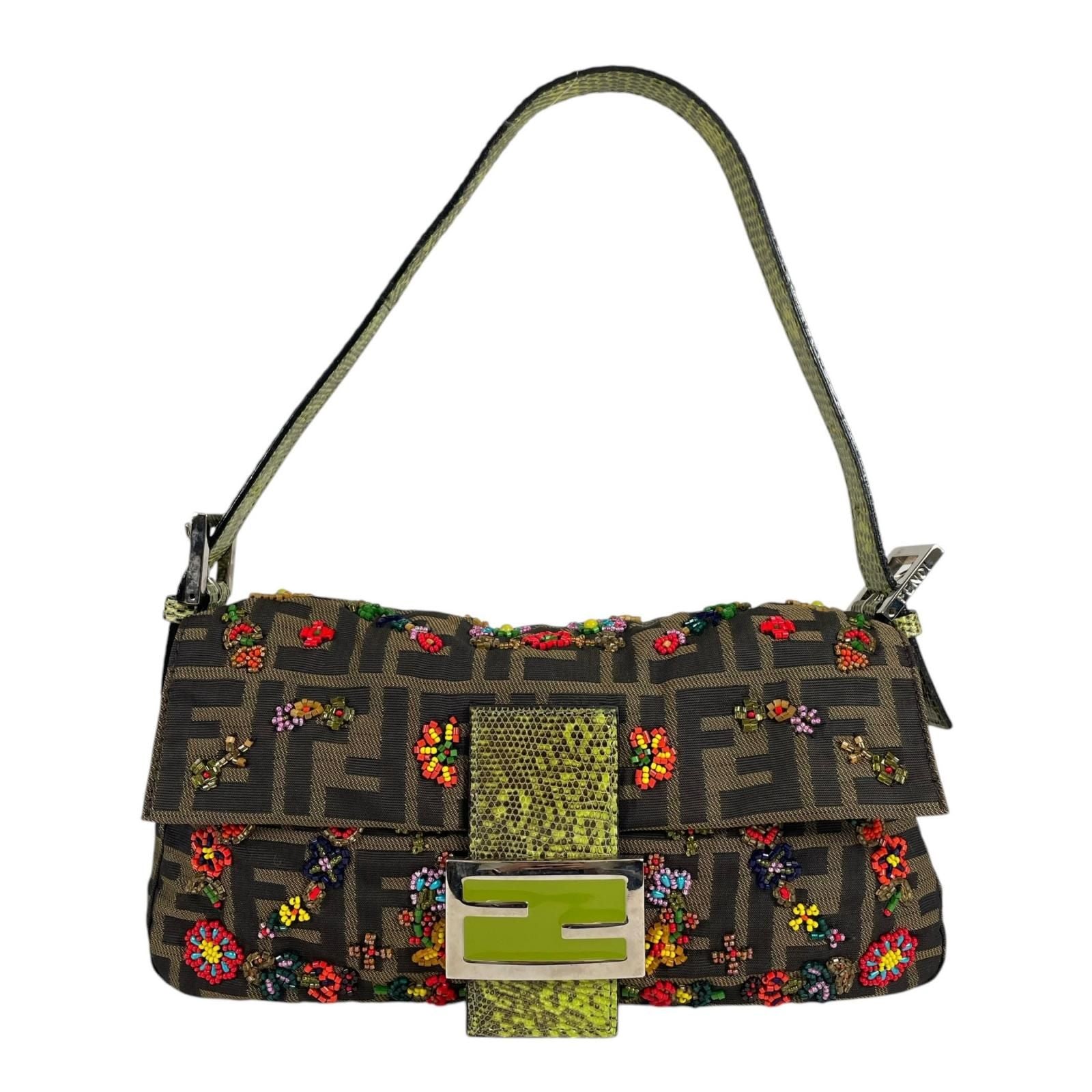 Fendi Mamma Baguette Handbag Nylon Multicolor Zucca Pattern Beads Bijou Exotic