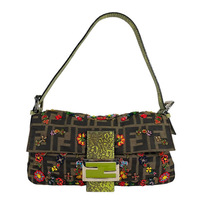 Fendi Mamma Baguette Handbag Nylon Multicolor Zucca Pattern Beads Bijou Exotic