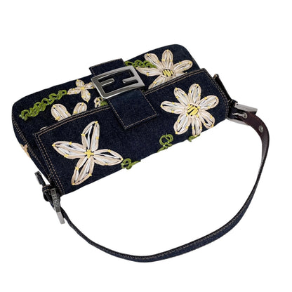 Fendi Mamma Baguette Handbag Denim Multicolor Flower Floral Pattern Embroidery — view 5