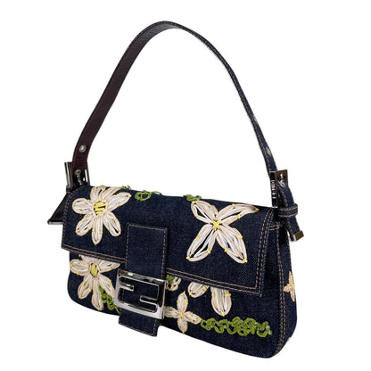 Fendi Mamma Baguette Handbag Denim Multicolor Flower Floral Pattern Embroidery — view 2