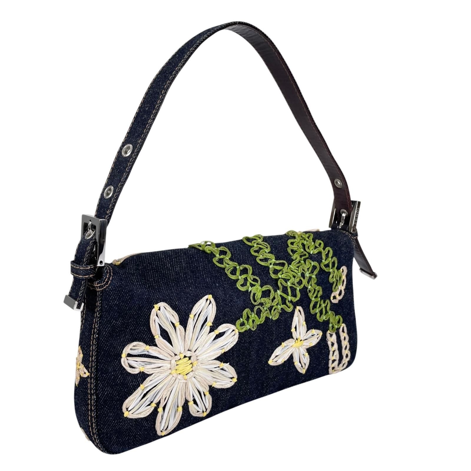 Fendi Mamma Baguette Handbag Denim Multicolor Flower Floral Pattern Embroidery — view 3