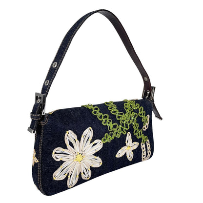 Fendi Mamma Baguette Handbag Denim Multicolor Flower Floral Pattern Embroidery — view 3