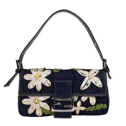Fendi Mamma Baguette Handbag Denim Multicolor Flower Floral Pattern Embroidery