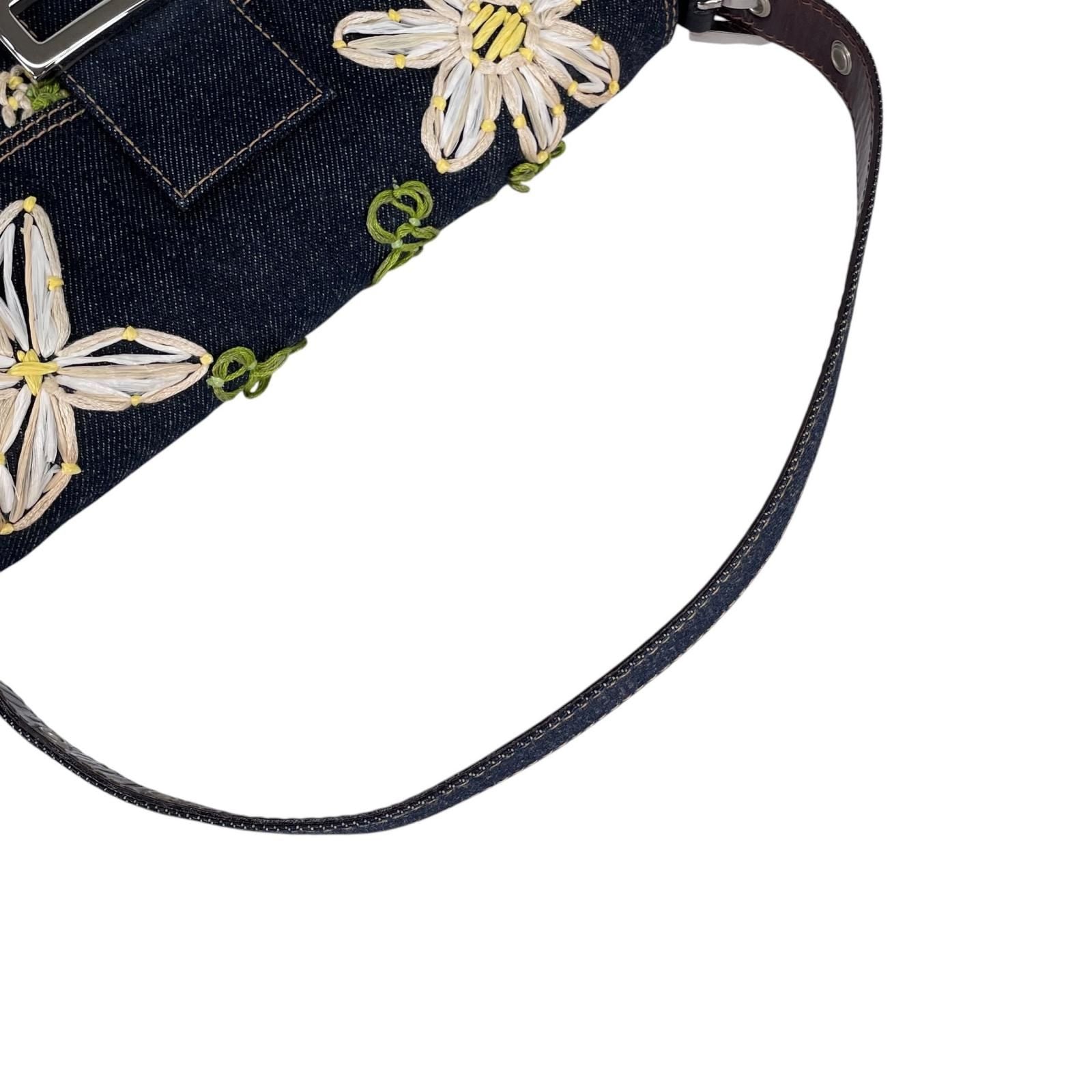 Fendi Mamma Baguette Handbag Denim Multicolor Flower Floral Pattern Embroidery — view 6