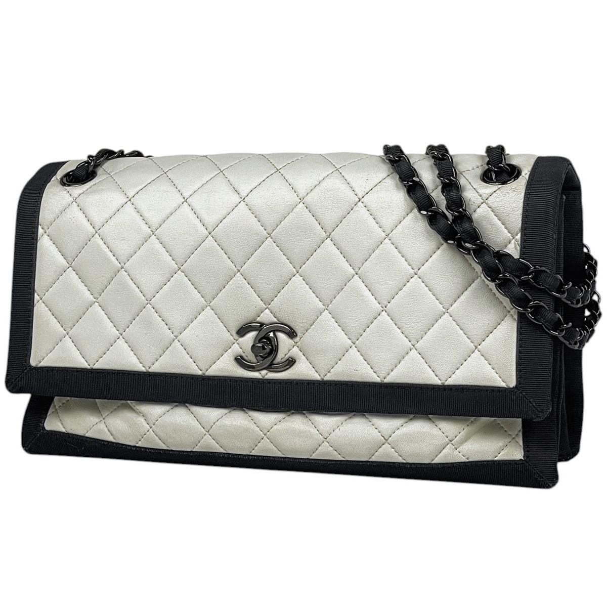 Chanel Single Flap Chain Shoulder Bag Bicolor Leather White