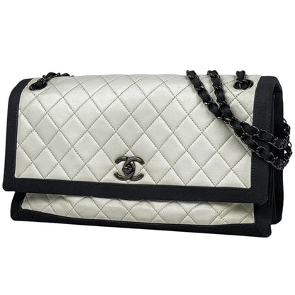 Chanel Single Flap Chain Shoulder Bag Bicolor Leather White
