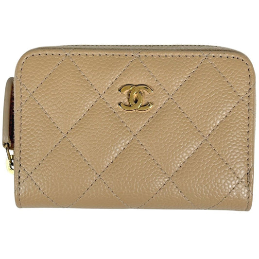 Chanel CC Logo Coin Case Card Caviar Leather Beige
