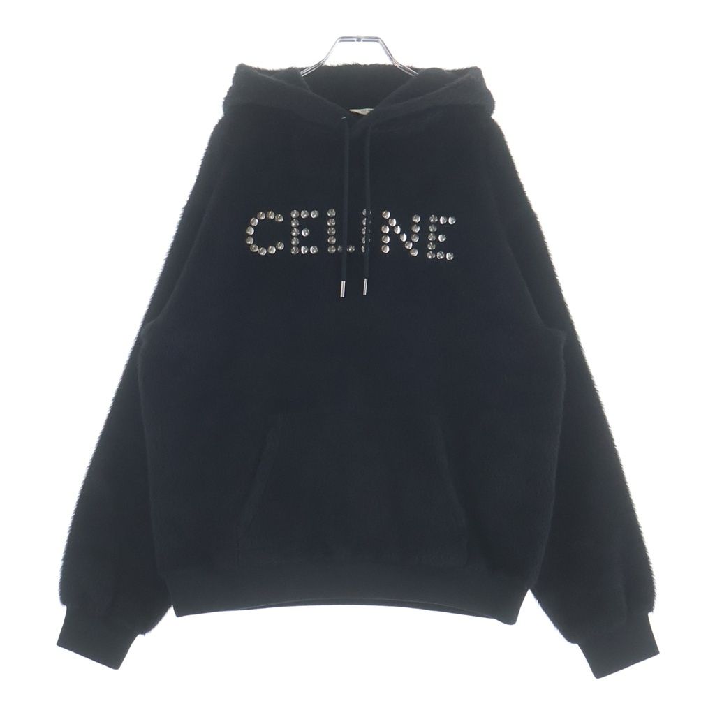 Celine Hedi Slimane Era Studded Logo Alpaca Wool Blend Pullover Hoodie Black
