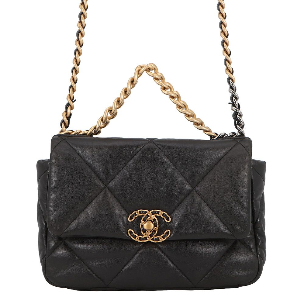 Chanel Chain Shoulder Bag 19 Flap CC Logo Shiny Lambskin Black