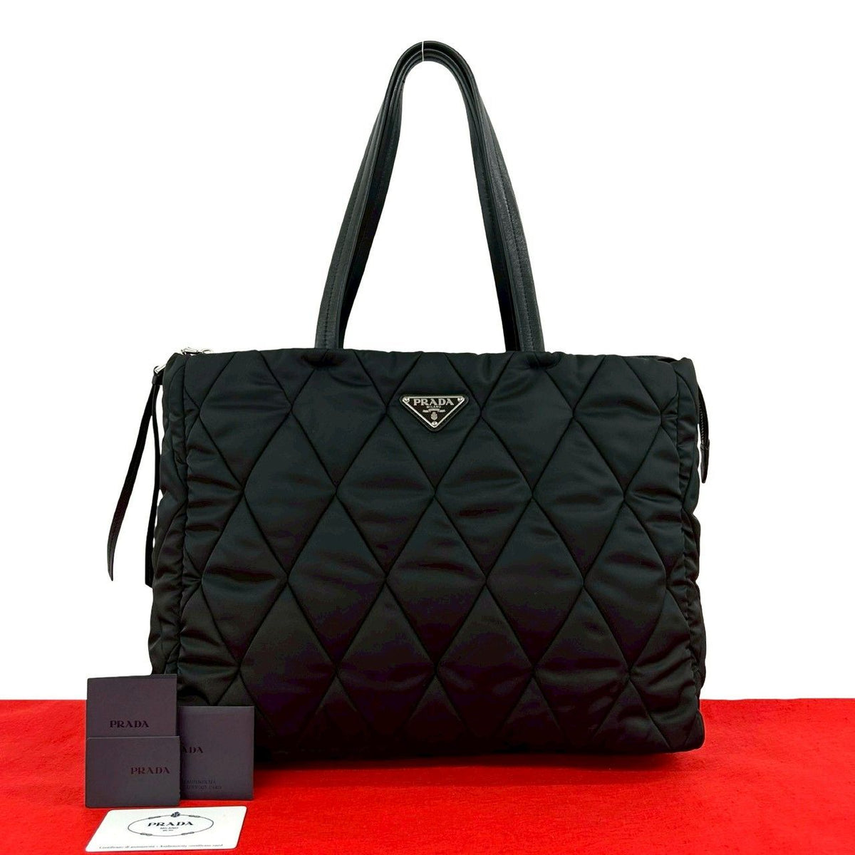 Prada Triangle Logo Quilted Nylon Leather Tote Shoulder Bag Black